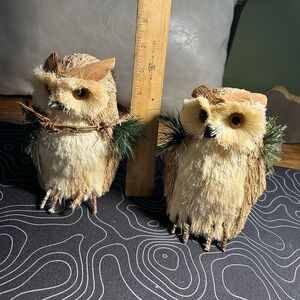 Bristle Brush Rustic Brown Owl Figurines w/Green Accents with Decorative Acorn